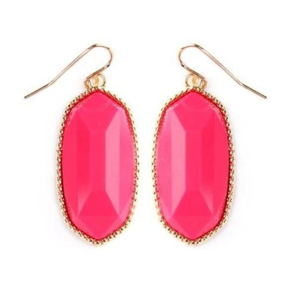 New Boutique Hot Pink Stone Gold Trim Hexagon Dangle Drop Earrings